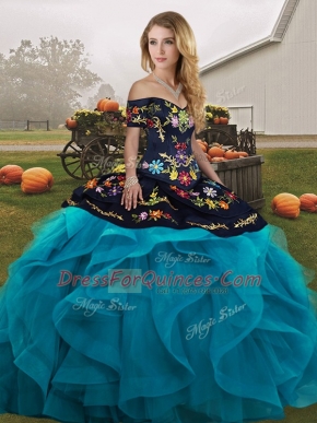 Pretty Tulle Off The Shoulder Sleeveless Lace Up Embroidery and Ruffles Ball Gown Prom Dress in Teal