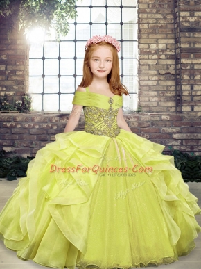 Perfect Floor Length Yellow Green Pageant Dress Womens Straps Sleeveless Lace Up
