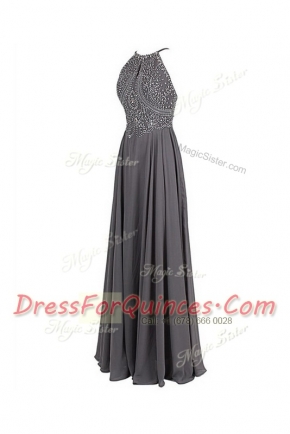 Floor Length Grey Homecoming Dress Spaghetti Straps Sleeveless Zipper