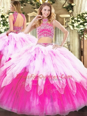 Multi-color Sleeveless Floor Length Beading and Ruffles Backless Quinceanera Dresses