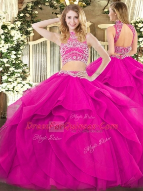 Fuchsia Tulle Backless Ball Gown Prom Dress Sleeveless Floor Length Beading and Ruffles