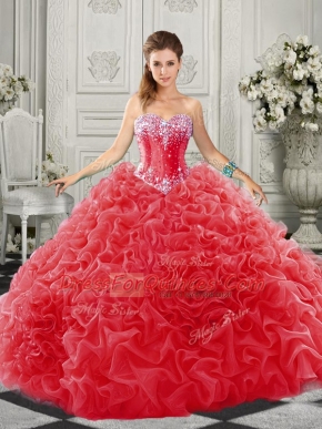 Sweetheart Sleeveless Organza Quinceanera Dress Beading and Ruffles Court Train Lace Up