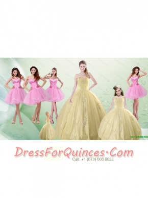 2015 Beautiful Sweetheart Champagne Quinceanera Dress and Pink Dama Dresses and Straps Ball Gown Little Girl Dress