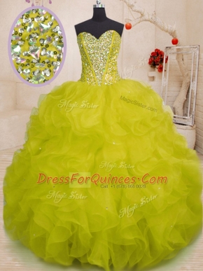 Floor Length Yellow Green Sweet 16 Dress Organza Sleeveless Beading and Ruffles