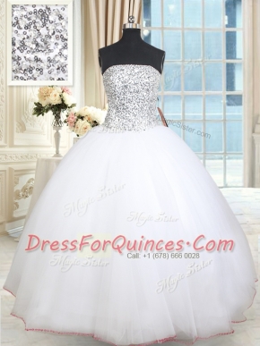 High End Sequins White Sleeveless Tulle Lace Up Sweet 16 Dress for Military Ball and Sweet 16 and Quinceanera