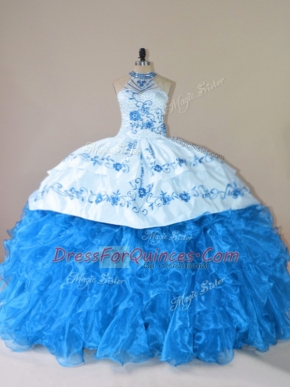 Fashionable Blue Ball Gowns Organza Halter Top Sleeveless Embroidery and Ruffles Lace Up 15 Quinceanera Dress Court Train