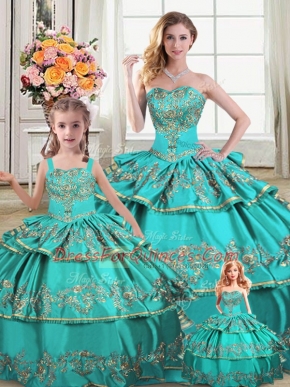 Aqua Blue Ball Gowns Sweetheart Sleeveless Organza Floor Length Lace Up Embroidery and Ruffled Layers Quinceanera Dresses