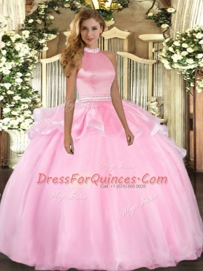 Pink Halter Top Neckline Beading and Ruffles Quinceanera Gowns Sleeveless Backless