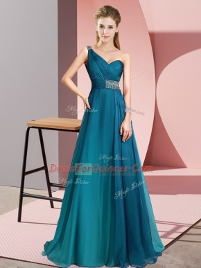 Beading Prom Party Dress Teal Criss Cross Sleeveless Brush Train