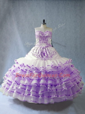 Noble White And Purple Sleeveless Embroidery and Ruffled Layers and Bowknot Floor Length 15 Quinceanera Dress