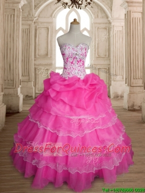 Inexpensive Hot Pink Organza Quinceanera Dress with Ruffled Layers and Beading
