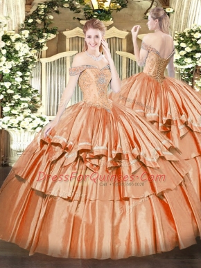 Wonderful Organza Off The Shoulder Sleeveless Lace Up Beading and Ruffled Layers Quince Ball Gowns in Orange Red