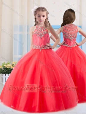 Beautiful Ball Gowns Scoop Tulle Coral Red Little Girl Pageant Dress with Beading