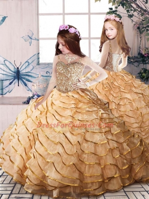 Dazzling Gold Ball Gowns Organza Straps Sleeveless Beading and Ruffled Layers Lace Up Glitz Pageant Dress Court Train