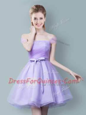 Lavender Empire Off The Shoulder Sleeveless Tulle Knee Length Zipper Ruching and Bowknot Quinceanera Dama Dress