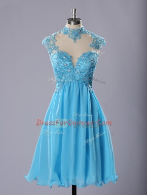 Beautiful Lace and Appliques Prom Gown Baby Blue Zipper Sleeveless Knee Length