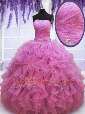 Lilac Organza Lace Up Quinceanera Dresses Sleeveless Floor Length Beading and Ruffles