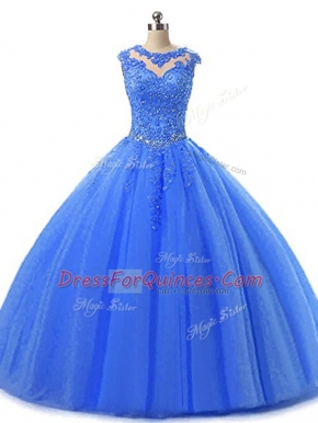 Glittering Blue Sleeveless Tulle Lace Up Quinceanera Gown for Military Ball and Sweet 16 and Quinceanera