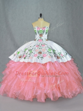 Pink Lace Up Sweet 16 Quinceanera Dress Embroidery and Ruffles Sleeveless Floor Length