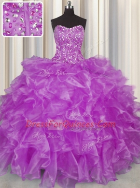 Discount Visible Boning Sleeveless Organza Floor Length Lace Up Quinceanera Dresses in Purple with Beading and Ruffles