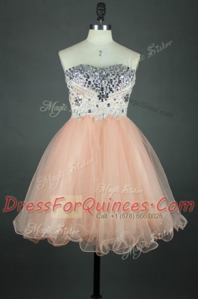 Excellent Knee Length A-line Sleeveless Peach Prom Dresses Zipper