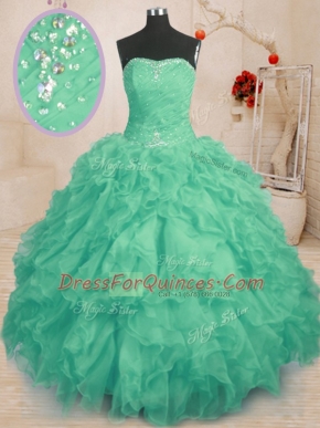 Turquoise Ball Gowns Organza Strapless Sleeveless Beading and Ruffles and Ruching Floor Length Lace Up Quinceanera Gowns