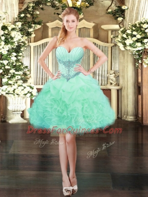 Apple Green Organza Lace Up Prom Dress Sleeveless Mini Length Beading and Ruffles
