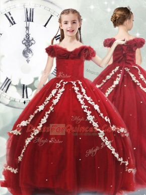 Off The Shoulder Sleeveless Child Pageant Dress Brush Train Appliques Wine Red Tulle