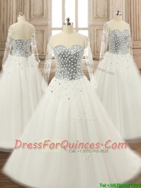 See Through Scoop Long Sleeves White Quinceanera Dress with Beading