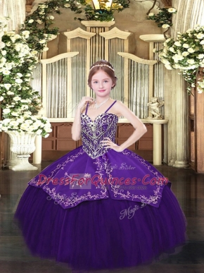 Dark Purple Sleeveless Satin and Organza Lace Up Child Pageant Dress for Party and Quinceanera and Wedding Party