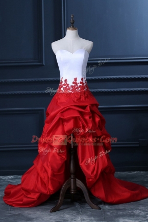 White And Red Lace Up Sweetheart Lace and Appliques and Pick Ups Party Dresses Taffeta Sleeveless