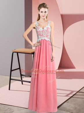 Most Popular Watermelon Red Sleeveless Floor Length Lace Zipper Dress for Prom