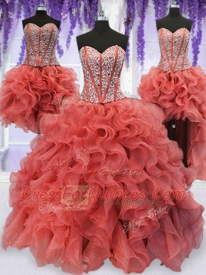 Low Price Four Piece Coral Red Lace Up Quinceanera Dresses Beading and Ruffles Sleeveless Floor Length