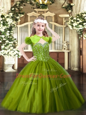 Olive Green Ball Gowns Beading Little Girl Pageant Gowns Lace Up Tulle Sleeveless Floor Length