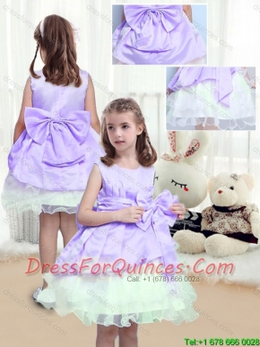 2016 Lovely A Line Scoop Mini Length FLittle Girl Dress with Bowknot