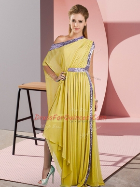 Sweet Yellow Empire One Shoulder Sleeveless Chiffon Asymmetrical Side Zipper Sequins