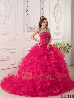 Ball Gown Embroidery and Ruffles Red Organza Hot Pink