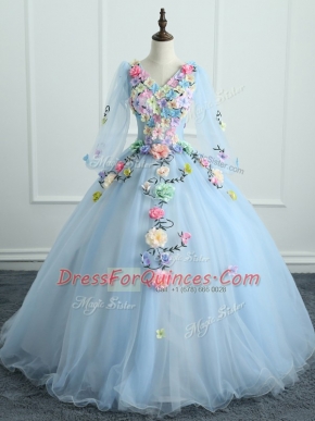 Light Blue Long Sleeves Appliques and Hand Made Flower Floor Length Quinceanera Gown