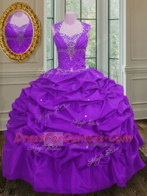 Pick Ups Straps Sleeveless Lace Up Vestidos de Quinceanera Purple Taffeta
