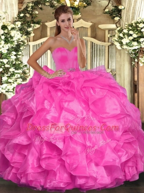 Hot Pink Ball Gowns Organza Sweetheart Sleeveless Beading and Ruffles Floor Length Lace Up Quinceanera Gowns