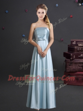 Elastic Woven Satin Strapless Sleeveless Zipper Bowknot Vestidos de Damas in Light Blue