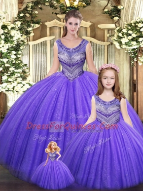 Scoop Sleeveless Lace Up Quinceanera Dresses Eggplant Purple Tulle