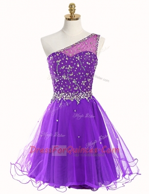 Fine A-line Prom Gown Purple One Shoulder Organza Sleeveless Mini Length Zipper