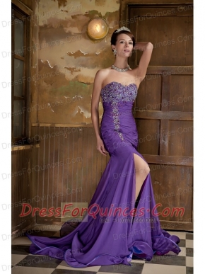 Prom Dress Purple Mermaid Sweetheart Brush Train Chiffon Beading