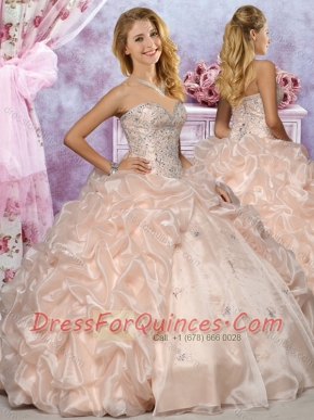 2016 Classical Organza Champagne Quinceanera Dress with Beaded Bodice and Bubbles