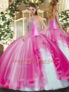 Beading and Ruffles Quinceanera Dress Fuchsia Lace Up Sleeveless Floor Length