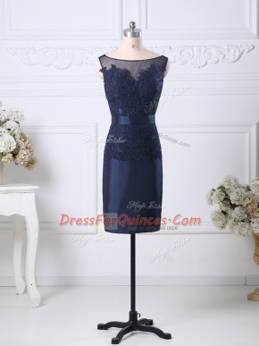 Graceful Sleeveless Satin Knee Length Zipper Prom Gown in Navy Blue with Beading and Lace