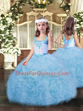 On Sale Floor Length Blue Little Girl Pageant Gowns Organza Sleeveless Beading and Ruffles and Pick Ups