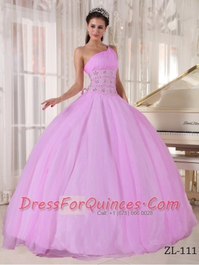 Elegant Pink Ball Gown One Shoulder Floor-length Quinceanera Dress with Tulle Beading
