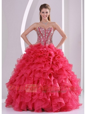 New Styles In Red Ball Gown With Sweetheart Ruffles and Beading Decorate Quinceanera Gowns